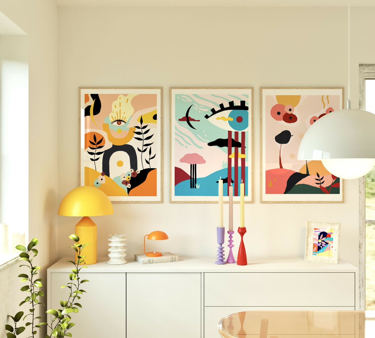 Trois illustrations encadrées : motifs abstraits, œil et feuillages sur mur