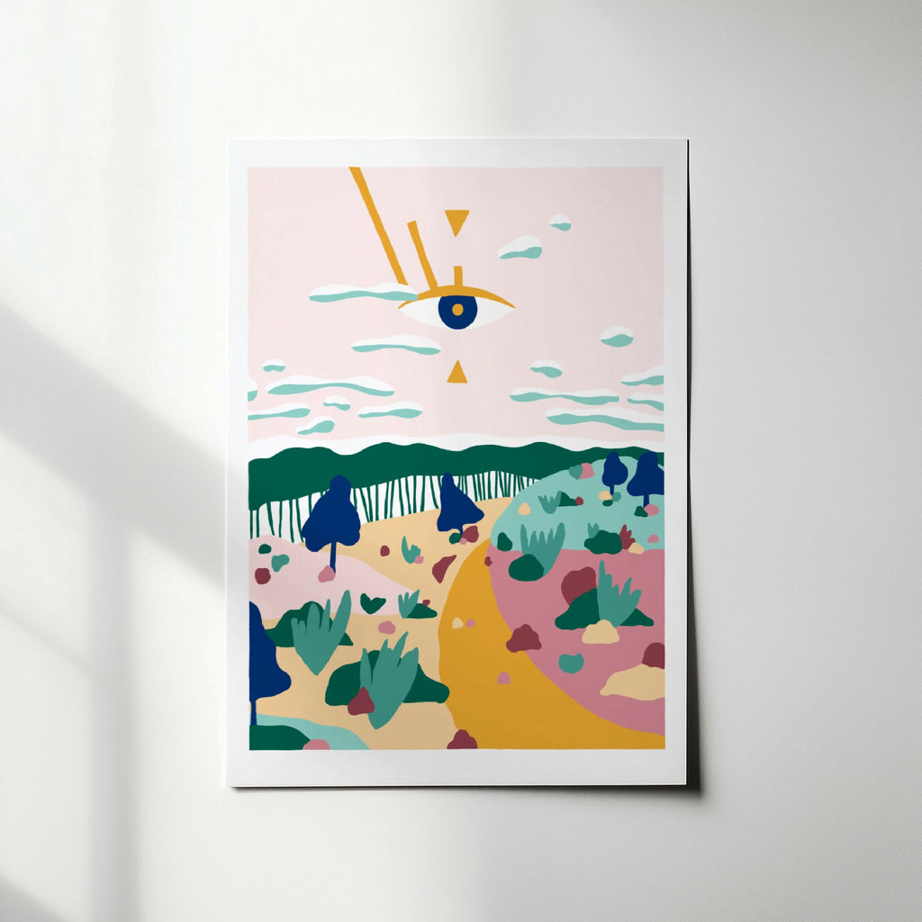 Affiche encadrée avec paysage abstrait coloré, œil stylisé et mer ondulée