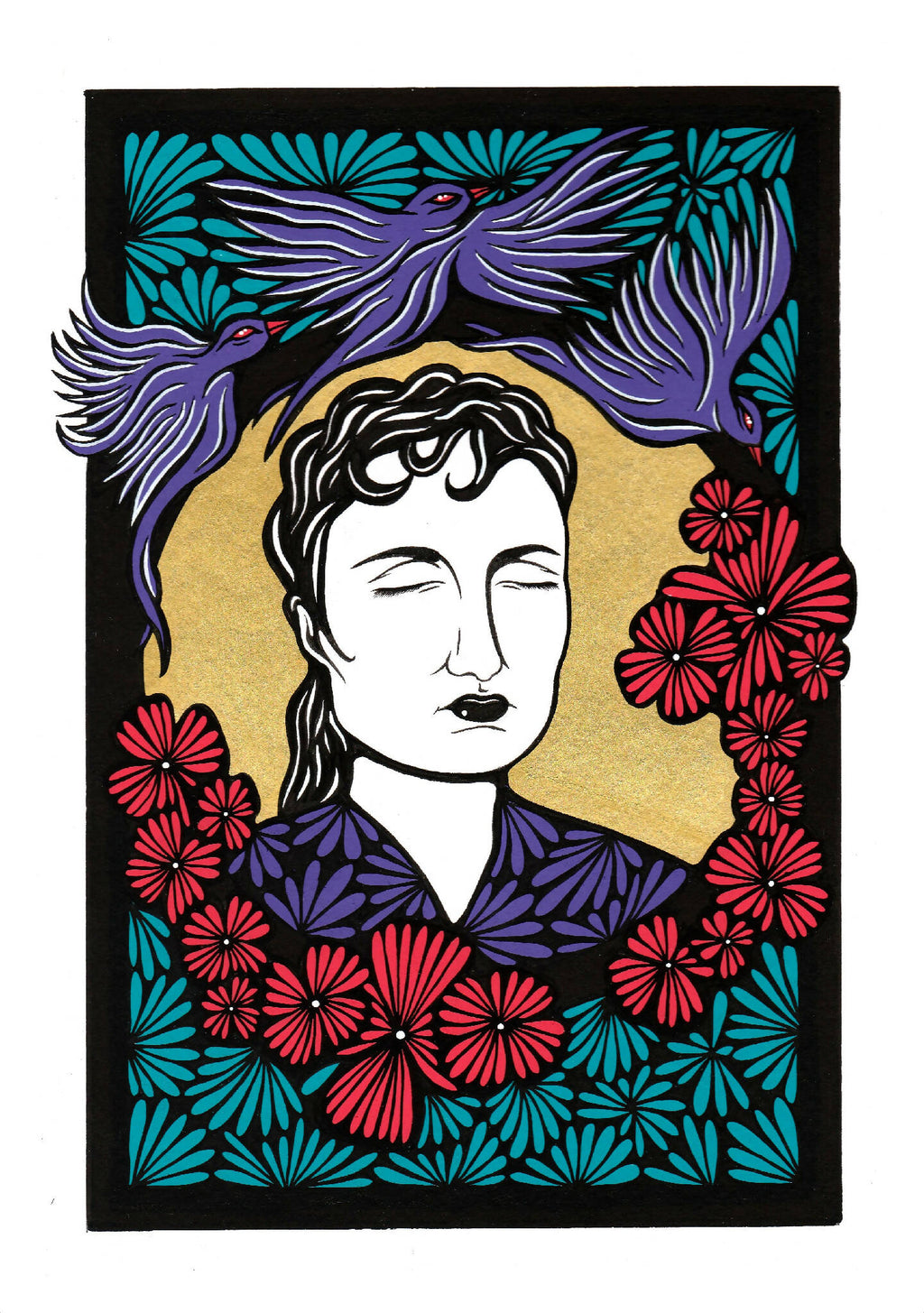 Illustration encadrée portrait féminin stylisé, fleurs rouges, motifs turquoise/violet sur fond noir