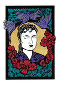 Illustration encadrée portrait féminin stylisé, fleurs rouges, motifs turquoise/violet sur fond noir