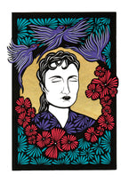 Illustration encadrée portrait féminin stylisé, fleurs rouges, motifs turquoise/violet sur fond noir