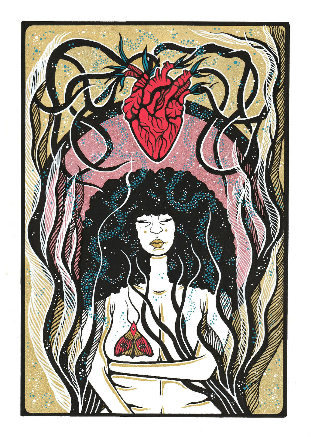Affiche illustrée en cadre, femme aux cheveux bouclés noirs, cœur rouge et lignes or