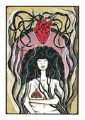 Affiche illustrée en cadre, femme aux cheveux bouclés noirs, cœur rouge et lignes or