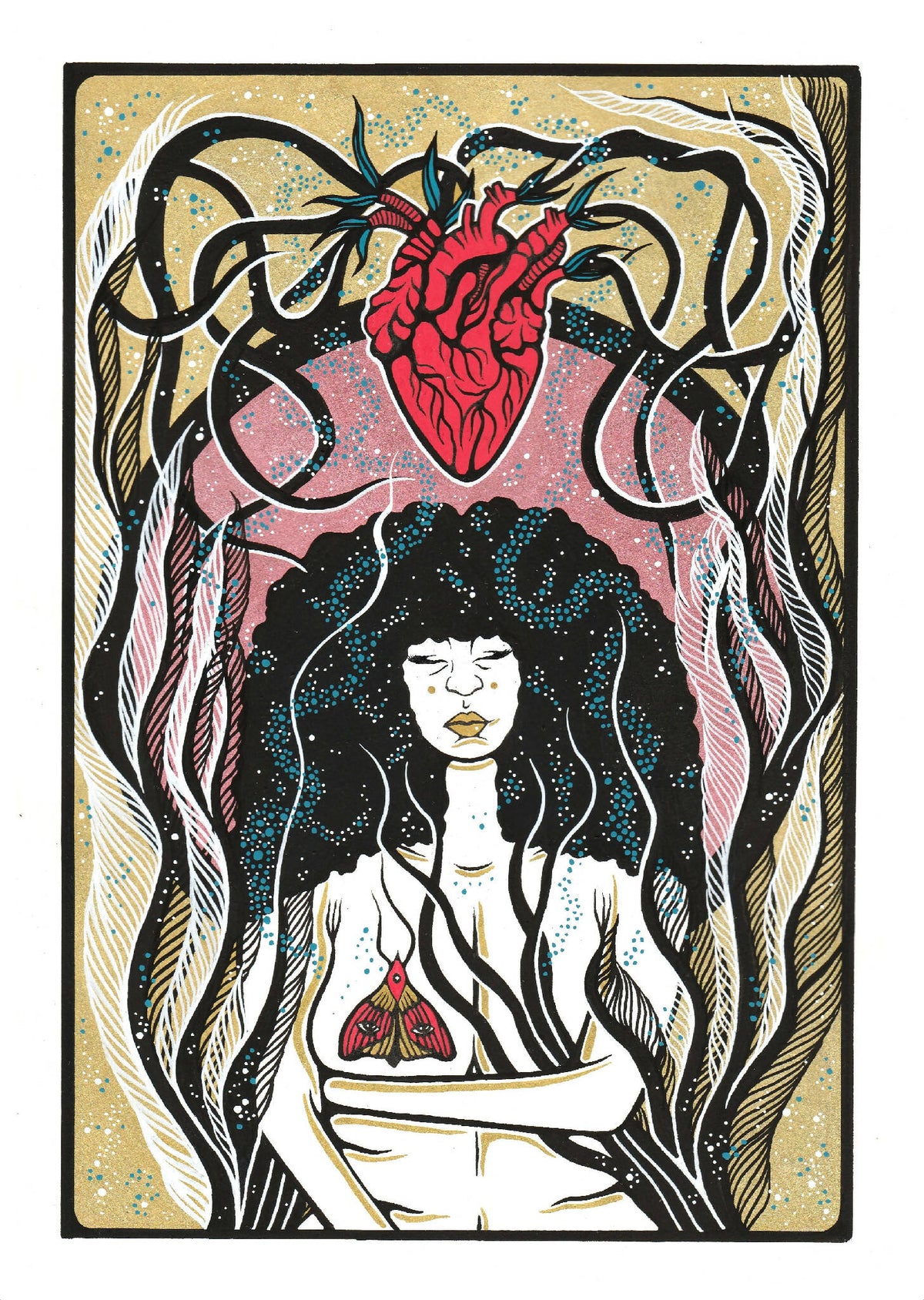 Affiche illustrée en cadre, femme aux cheveux bouclés noirs, cœur rouge et lignes or