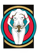 Illustration rectangulaire : visage blanc stylisé, mains tenant un symbole doré, cercles rouge et bleu.