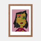 Illustration de femme stylisée encadrée, cheveux noirs et robe fleurie.