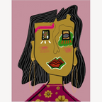 Illustration de femme stylisée aux cheveux noirs, bouche rouge et motifs multicolores.