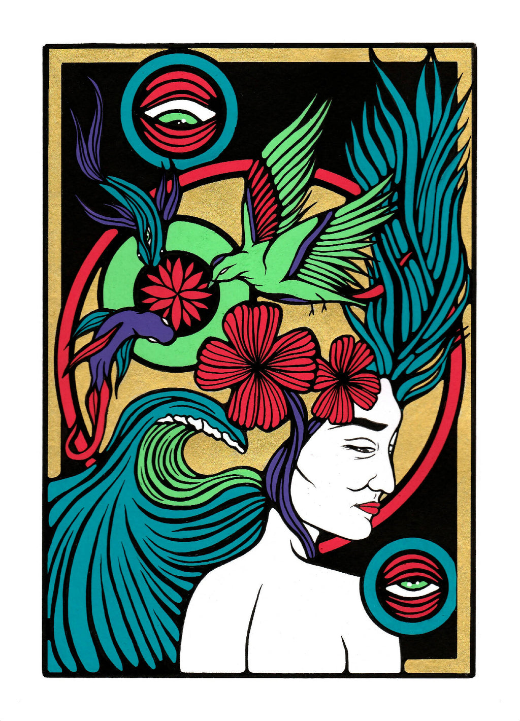 Illustration d’un visage féminin profil avec fleurs rouges, feuilles vertes, œil rouge turquoise