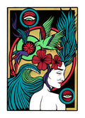 Illustration d’un visage féminin profil avec fleurs rouges, feuilles vertes, œil rouge turquoise