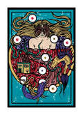 Illustration encadrée « Le cœur de Marla » : visage stylisé, couleurs rouge et or