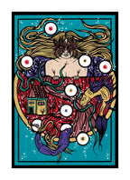 Illustration encadrée « Le cœur de Marla » : visage stylisé, couleurs rouge et or