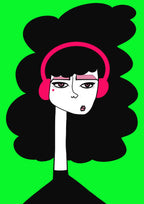 Illustration portrait d’une femme au casque rose, chevelure noire en nuage