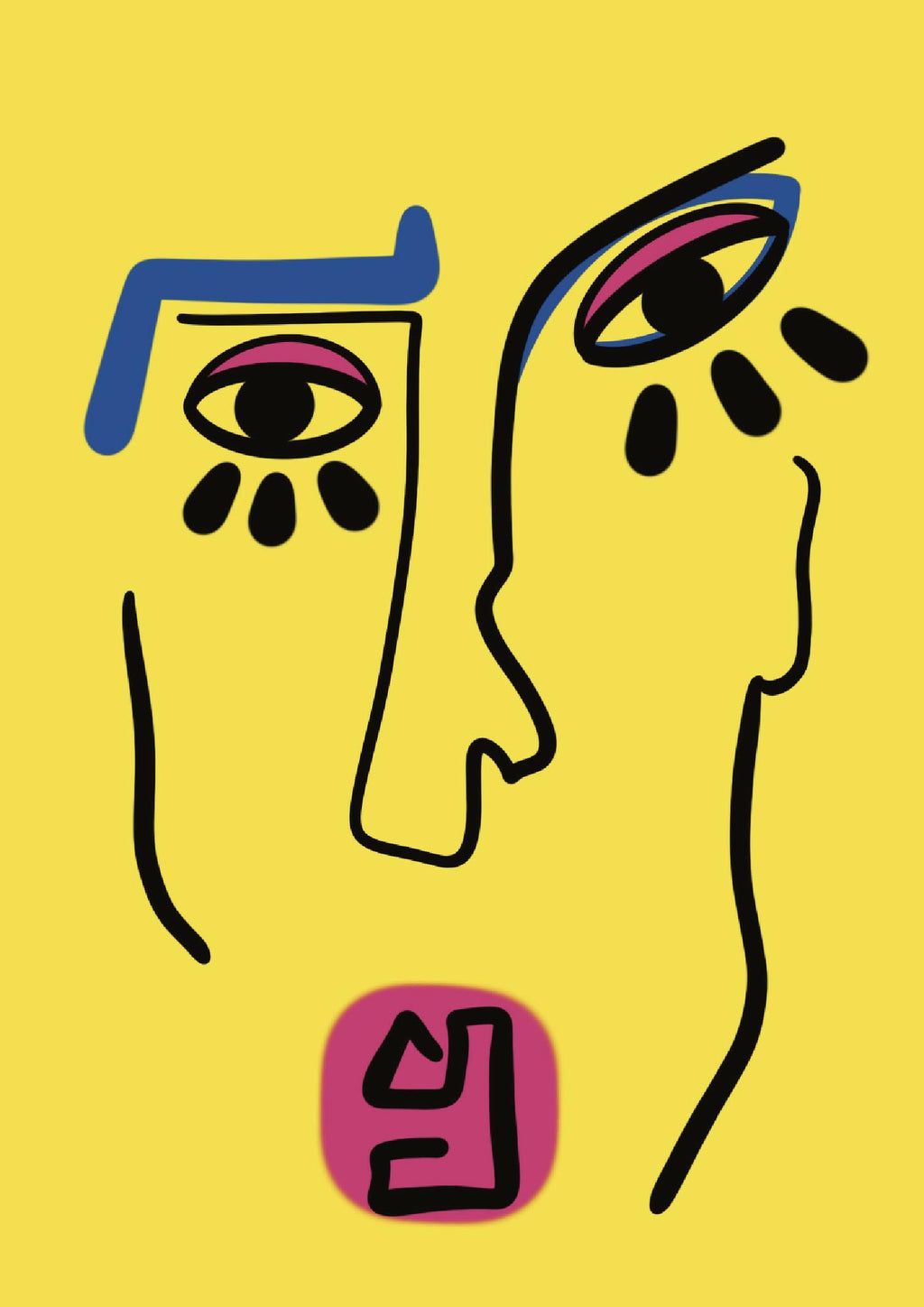 Affiche d’illustration fond jaune avec deux visages stylisés, yeux roses, traits noirs.