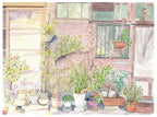 Tableau d’illustration de jardin en pots, couleurs pastel, sans cadre visible
