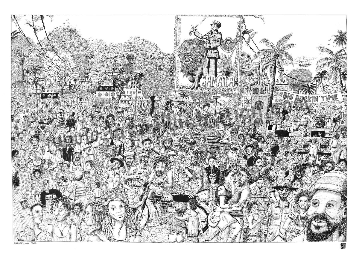Affiche encadrée noir et blanc, illustration de foule avec palmiers et textes graphiques.