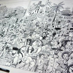 Affiche noir et blanc : scène urbaine dense, personnages et instruments, composition panoramique.