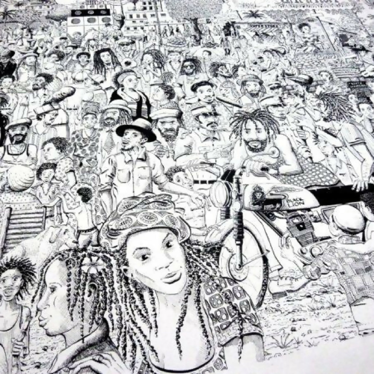 Affiche noir et blanc, gros plan sur personnages : visage de profil, tenues traditionnelles.