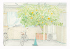 Affiche d’art encadrée, patio clair avec arbre vert aux oranges et vélos.