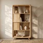 Bibliothèque en bois clair à étagères ouvertes avec vases et livres