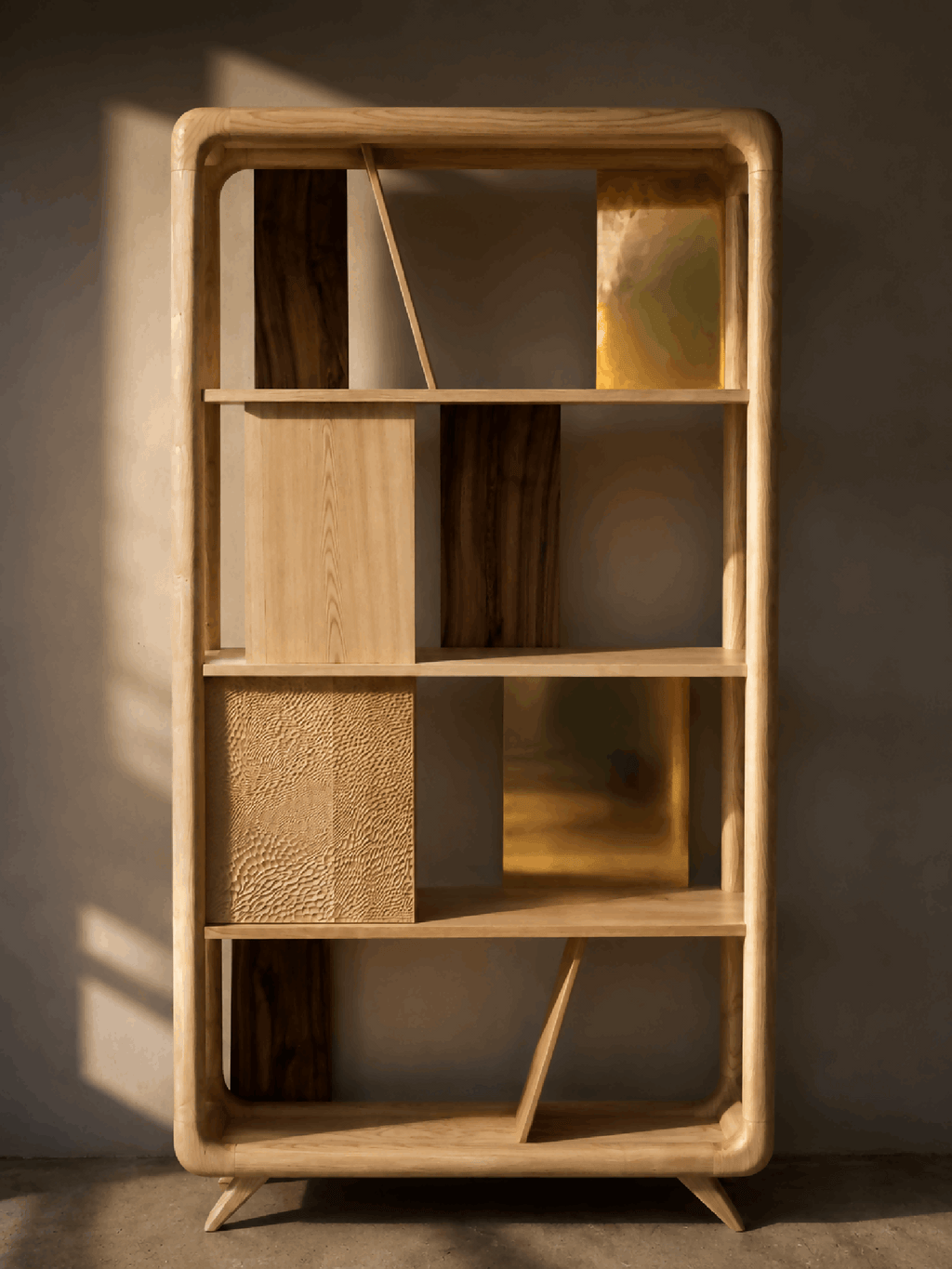 Bibliothèque en bois à étagères ouvertes, panneaux texturés et pieds inclinés.