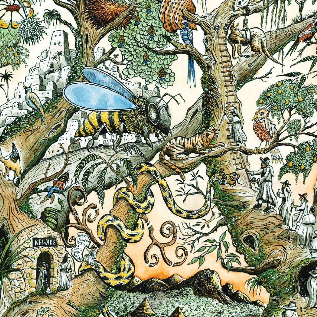 Illustration d’animaux exotiques et décor jungle, grandes palmiers, carré 30×30 cm