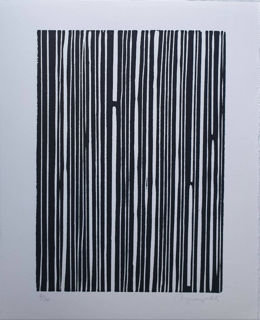 Impression « La ligne du temps » (2023) : motif code-barres noir sur papier blanc
