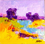 Tableau abstrait : rivière orange, ciel bleu, arbres violets, texture de peinture.
