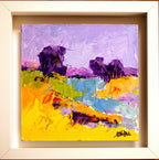 Tableau abstrait encadré, rivière orange et ciel bleu avec arbres violets en peinture.