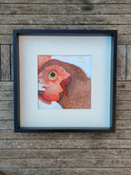 Illustration de poule encadrée, tête orange et plumage brun, style aquarelle.