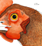 Gros plan d’illustration de poule, œil jaune, plumage brun, tête orange.