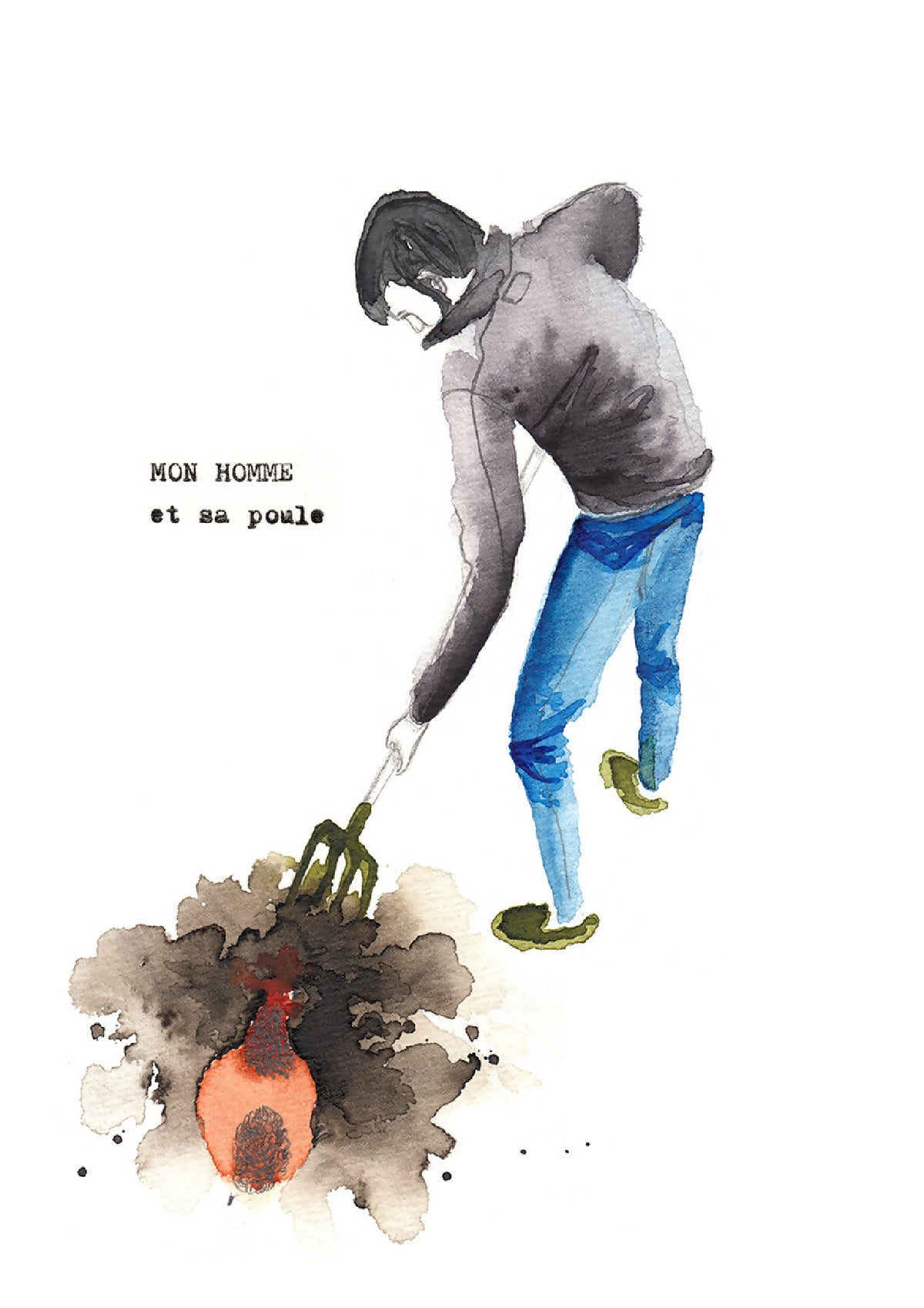 Affiche illustrée : homme tirant une poule au bout d’une canne, aquarelle