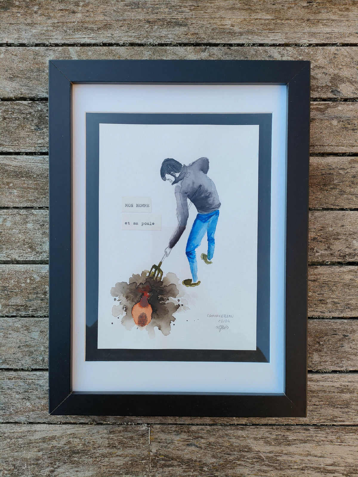 Illustration encadrée : homme et poule, style aquarelle sur papier clair