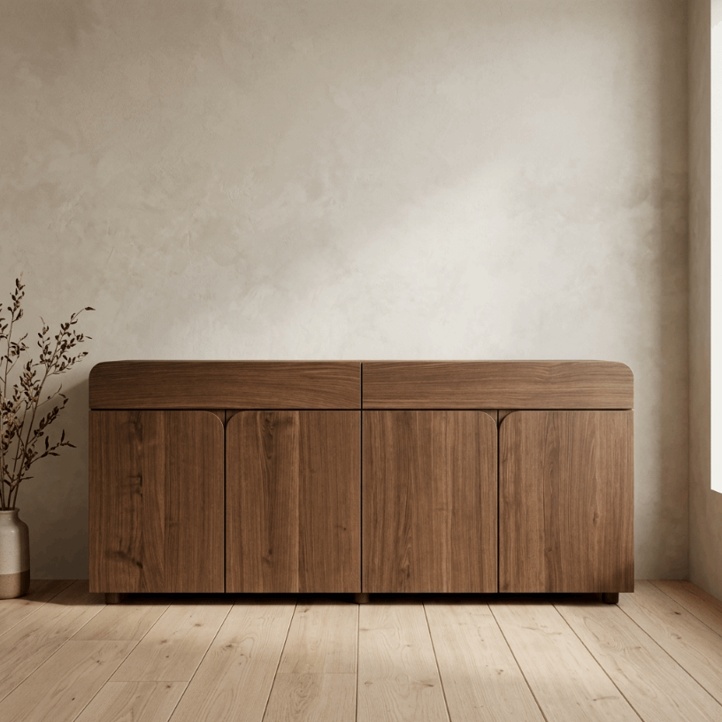 Buffet en bois foncé à quatre portes, plateau arrondi et lignes épurées