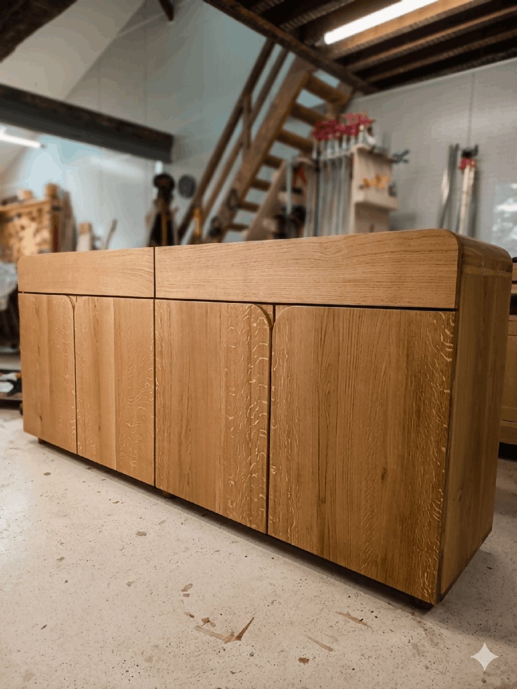 Buffet en bois clair, façades à panneaux et portes alignées