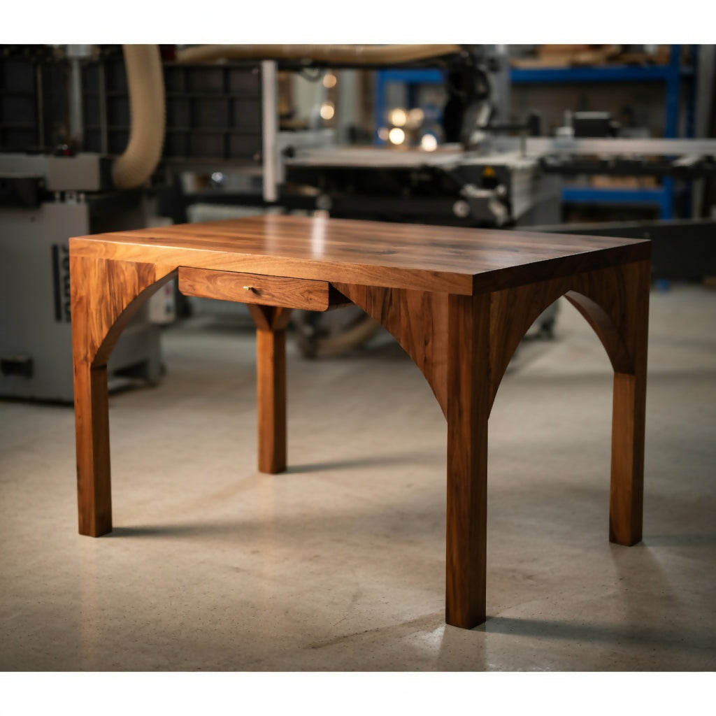 Bureau en bois massif, façade avec tiroir central et piétement en forme de X