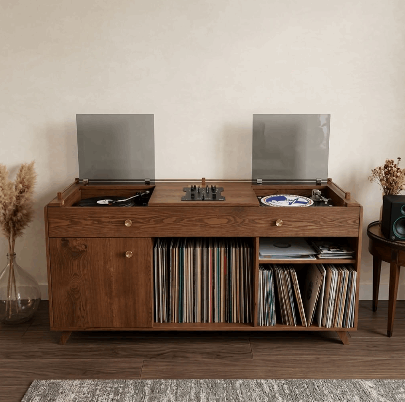 Meuble en bois pour vinyles avec panneaux transparents et bacs ouverts