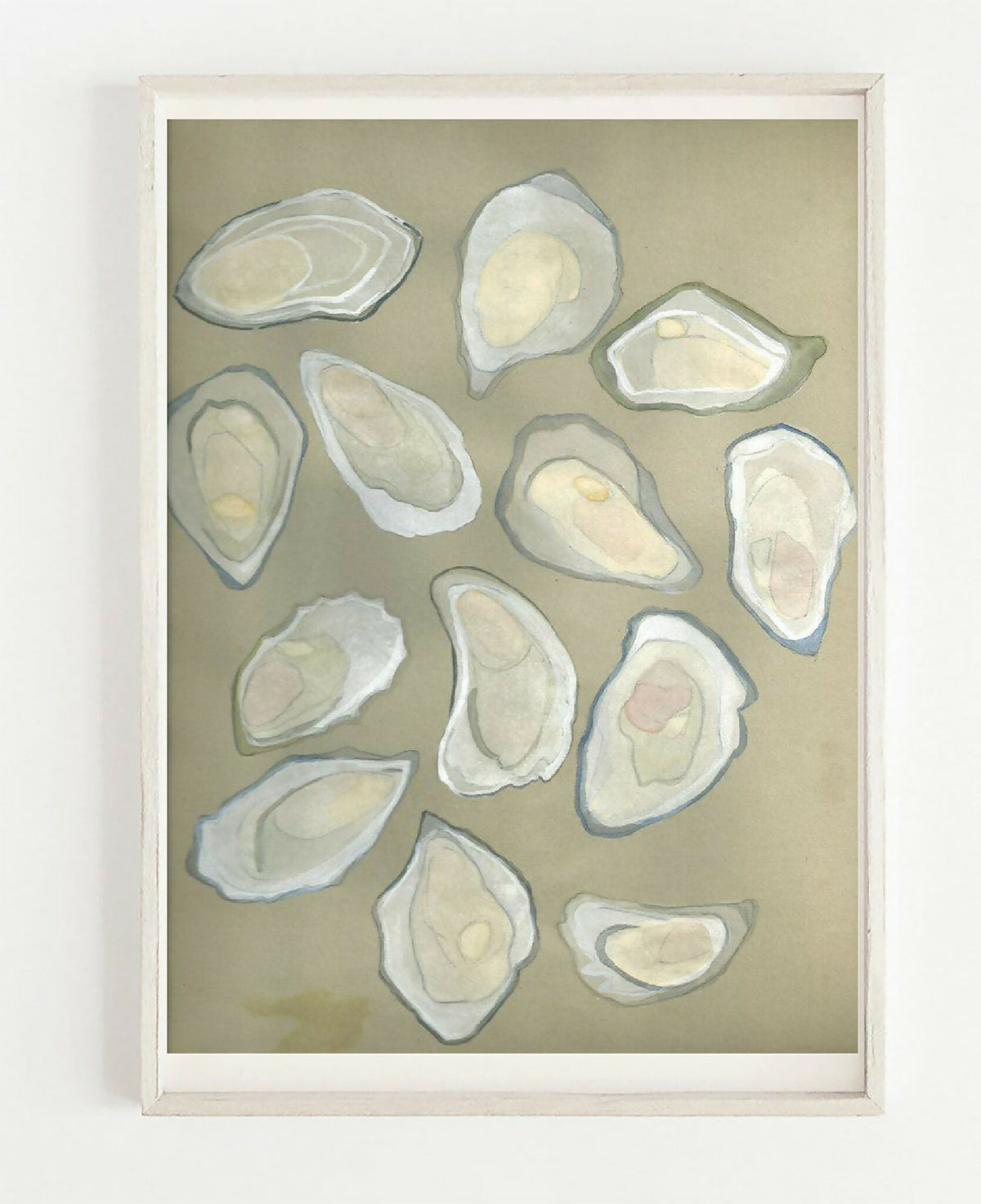 Tableau encadré de coquilles d’huîtres pastel, plusieurs formes translucides