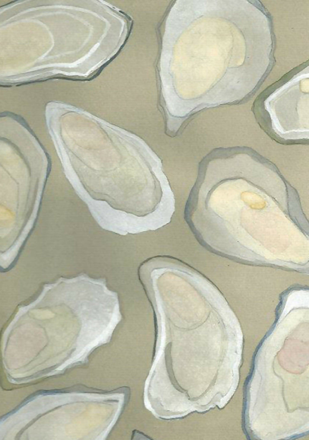 Détail du tableau : coquilles d’huîtres pastel aux tons pâles et contours nets