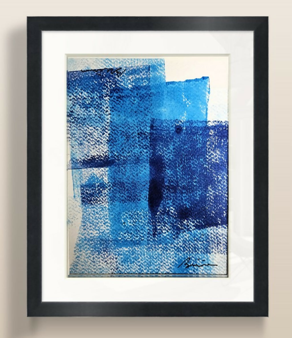 Tableau abstrait encadré avec textures en dégradé de bleu
