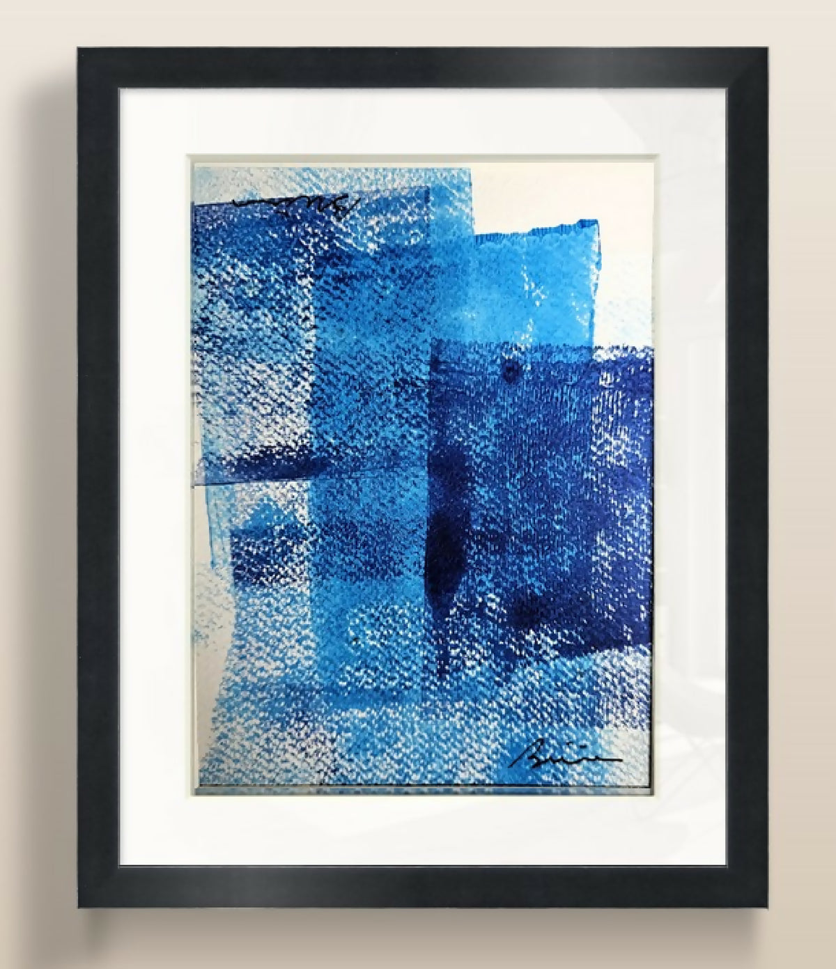 Tableau abstrait encadré avec textures en dégradé de bleu