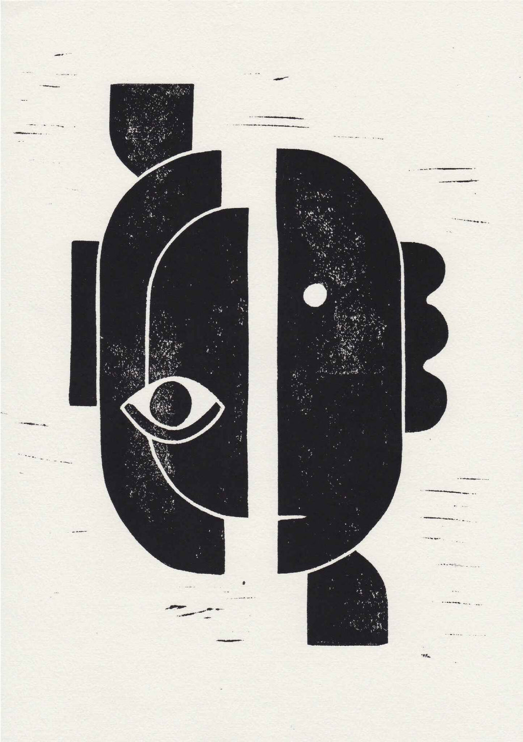 Linogravure sans cadre, motifs abstraits noirs et œil stylisé sur fond clair