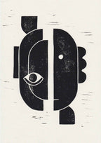 Linogravure sans cadre, motifs abstraits noirs et œil stylisé sur fond clair