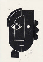 Linogravure, visage abstrait noir et contours blancs, gros plan