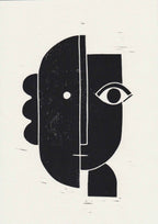 Linogravure (détail) : formes abstraites noires, œil stylisé, lignes verticales et horizontales.