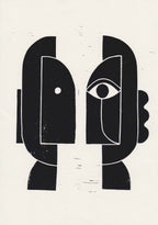 Linogravure, deux visages géométriques noirs avec lignes blanches