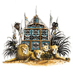 Tableau Lion Arena 50x50 cm : scène de lions avec grand temple bleu et détails noirs