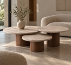 Lot de tables basses en travertin et bois de hêtre