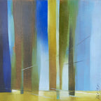 Tableau abstrait encadré, lignes verticales bleu, vert et jaune