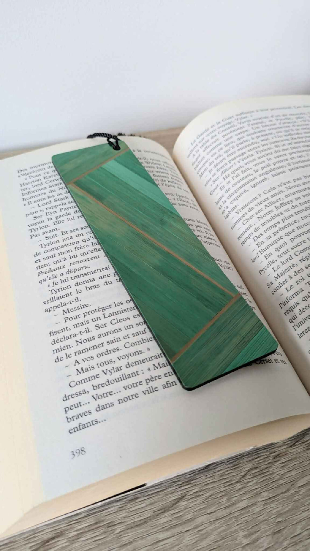 Straw marquetry bookmark Light green/Anthracite grey/Gold