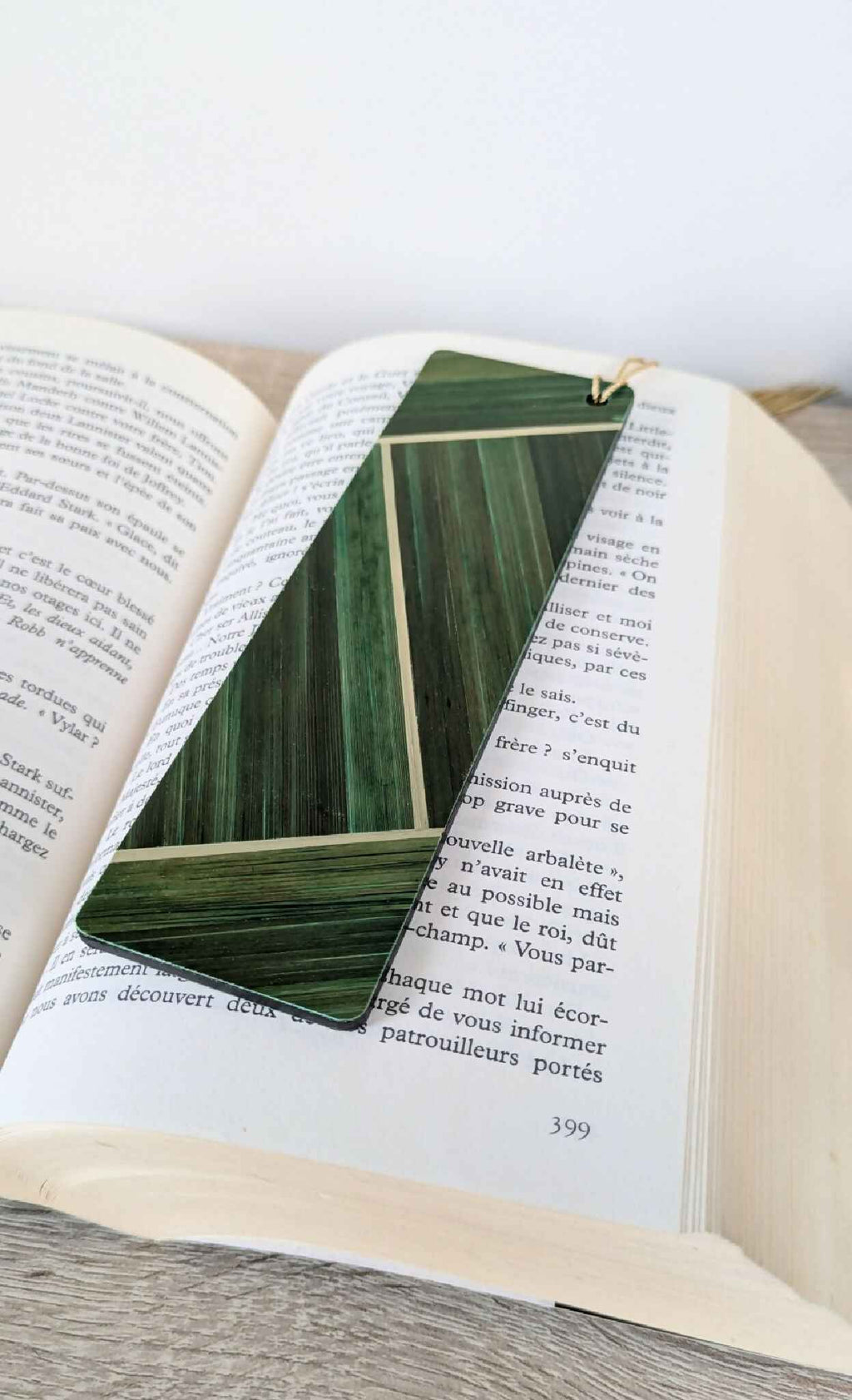 Straw marquetry bookmark Green/Anthracite Grey/Beige